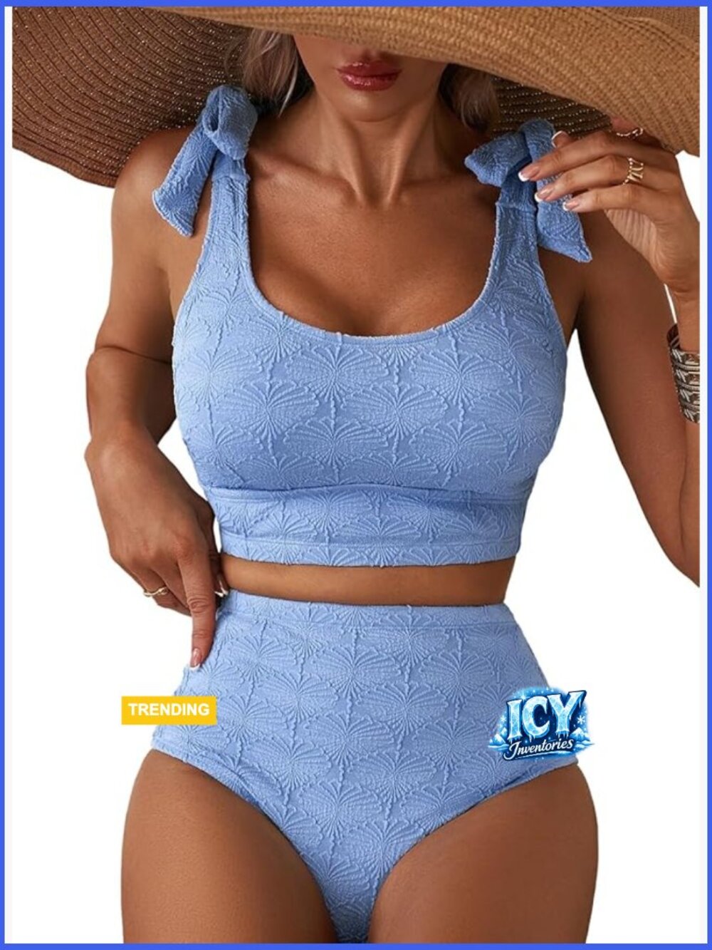 Women 2 Piece High Waisted Bikini Set Seashell Textured Tie Strap Swimsuits
